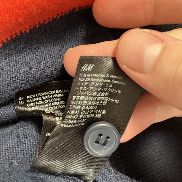 H&M Cardigan Sweater Mens XL Blue Red White Button Up Lightweight Organic Cotton - Picture 7 of 14